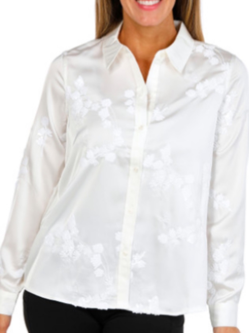 NWT Nanette Lepore White Long Sleeve Floral Sequin Button Top Sizes S & M